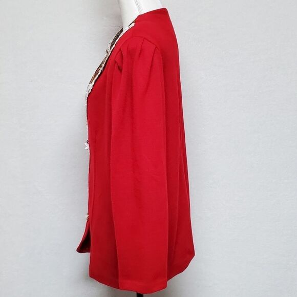 VINTAGE 1980s Matthew & David Red Knit Crochet Shawl Collar Knit Sweater Jacket - Picture 7 of 12